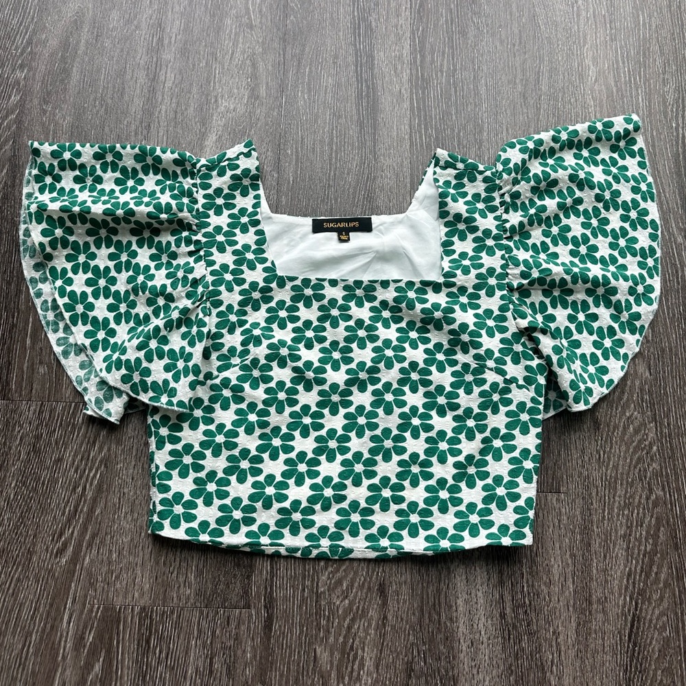 Sugarlips White and Green Patterned Blouse